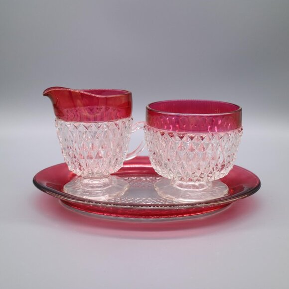 Indiana Glass Company Ruby Flashed Iridescent Diamond Point Pattern Vintage - Picture 2 of 9